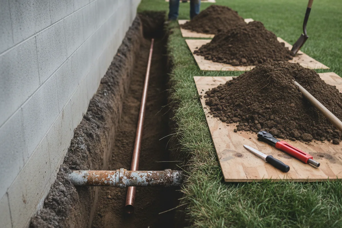 Excavated water line trench during Water Heater Repair in Davis Junction